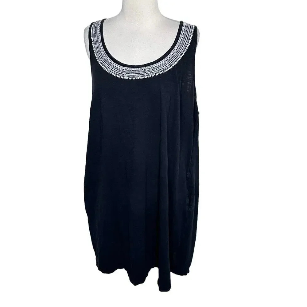 Lands' End Sleeveless Dress 1X Black Embroidered Scoop Neck Pockets Cotton